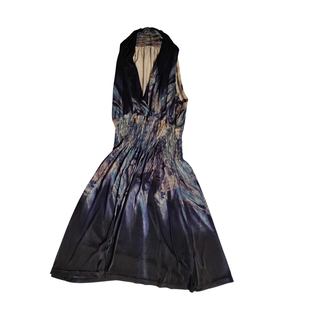 Womens Abstract Print Smocked Waist‎ Mini Dress Black Blue Tan XXS